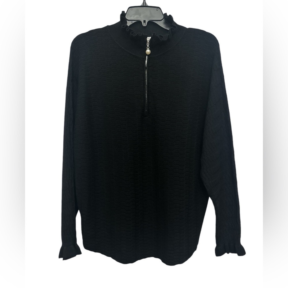 Vila Milano Ruffle Quarter Zip Pullover Size Large Black Textured Mock Neck NWT